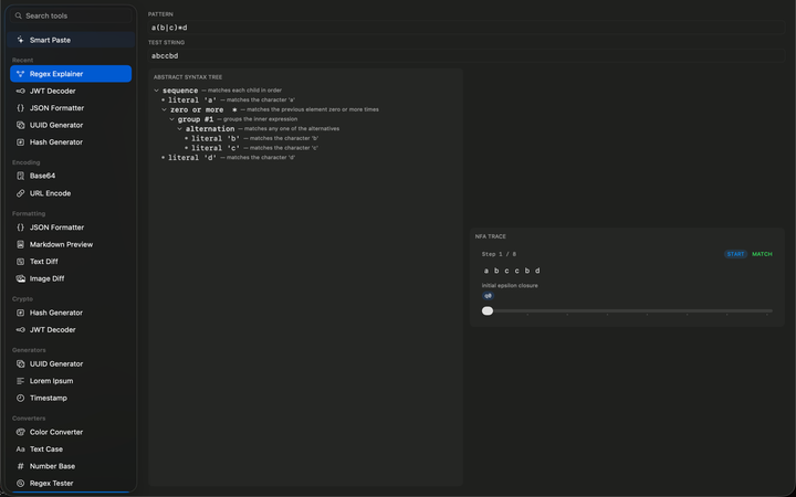 Regex tester and explainer: token-highlighted pattern, hover explanations, inline match highlights, and a step-by-step execution trace