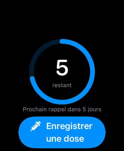 Dial sur Apple Watch : anneau de cycle jusqu'à la prochaine dose, prochain rappel et bouton pour enregistrer