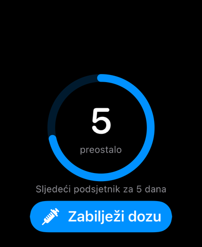 Dial na Apple Watchu s prstenom ciklusa koji broji dane do sljedeće doze, sljedećim podsjetnikom i gumbom za unos