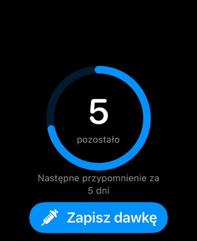 Dial na Apple Watch z pierścieniem cyklu odliczającym dni do następnej dawki, następnym przypomnieniem i przyciskiem zapisu