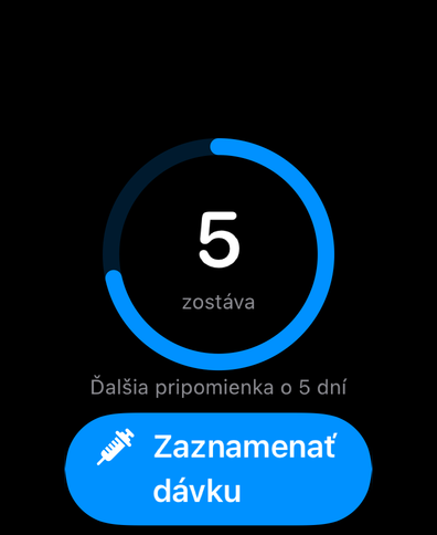 Dial na Apple Watch s cyklickým krúžkom, ktorý odpočítava dni do ďalšej dávky, ďalšou pripomienkou a tlačidlom na záznam