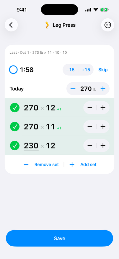 Leg Press logging page with the session weight at 270 lb. The third set is logged at 230 lb for 12 reps. All three sets are checked off, a rest countdown reads 1:58, and the Save button is at the bottom.