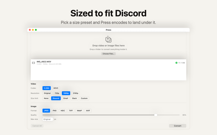 Press window showing a video converted with the Discord size preset to 17.1 MB, under the caption Sized to fit Discord